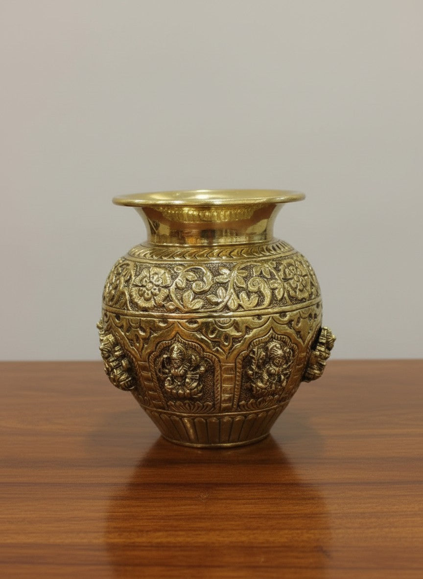 Brass antique finish Ashta Lakshmi Kalash  – Fully Carved Sacred Pot for Pooja