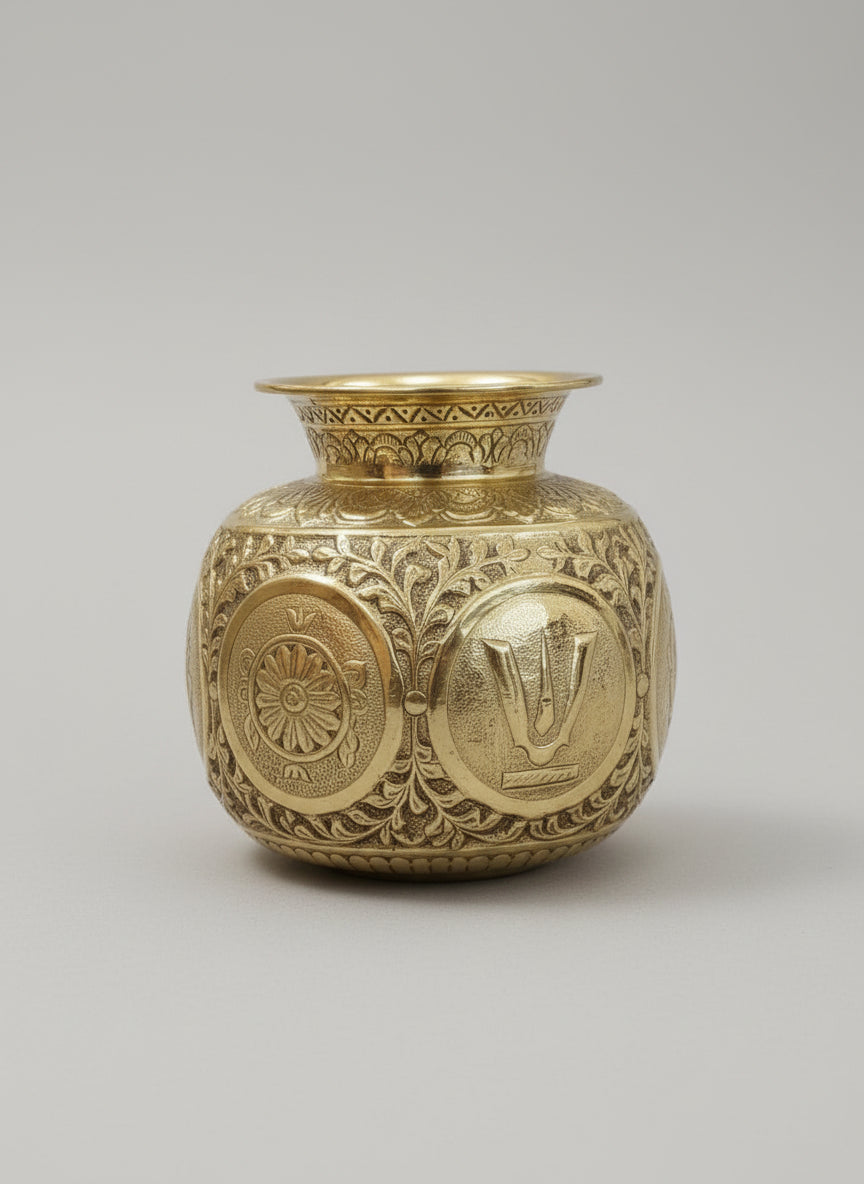 Brass antique finish shanku chakra  Kalash  – Fully Carved Sacred Pot for Pooja