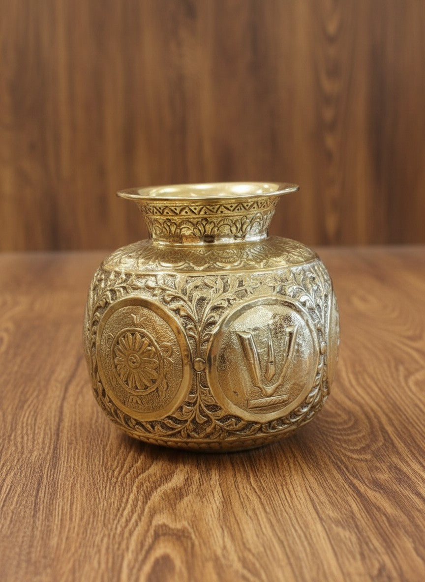 Brass antique finish shanku chakra  Kalash  – Fully Carved Sacred Pot for Pooja