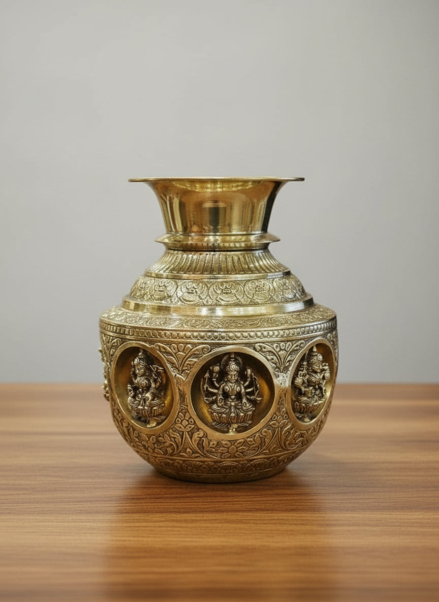 Brass antique finish big size  Ashta Lakshmi Kalash  – Fully Carved Sacred Pot for Pooja