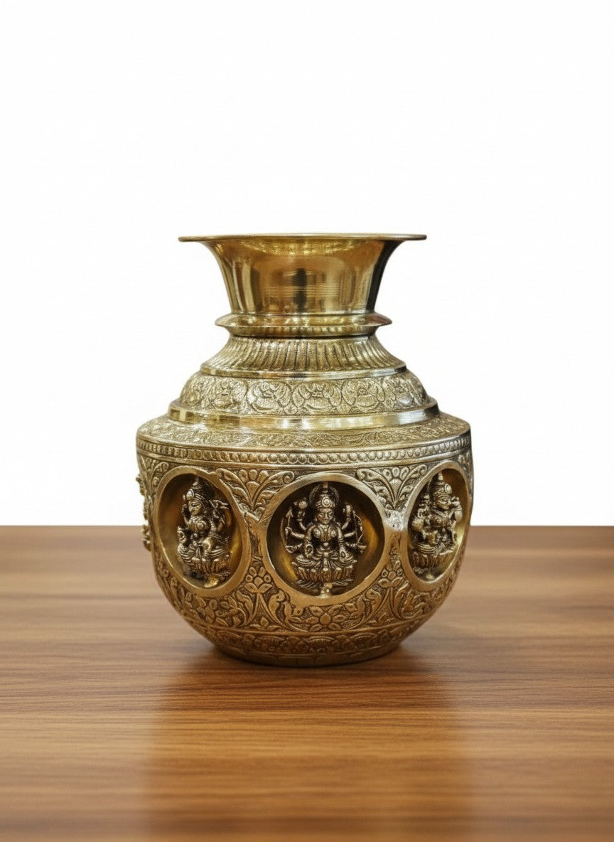 Brass antique finish big size  Ashta Lakshmi Kalash  – Fully Carved Sacred Pot for Pooja
