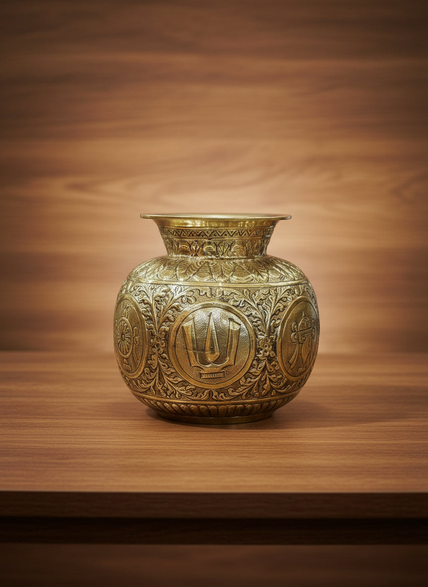 Brass antique finish big size shanku chakra  Kalash  – Fully Carved Sacred Pot for Pooja