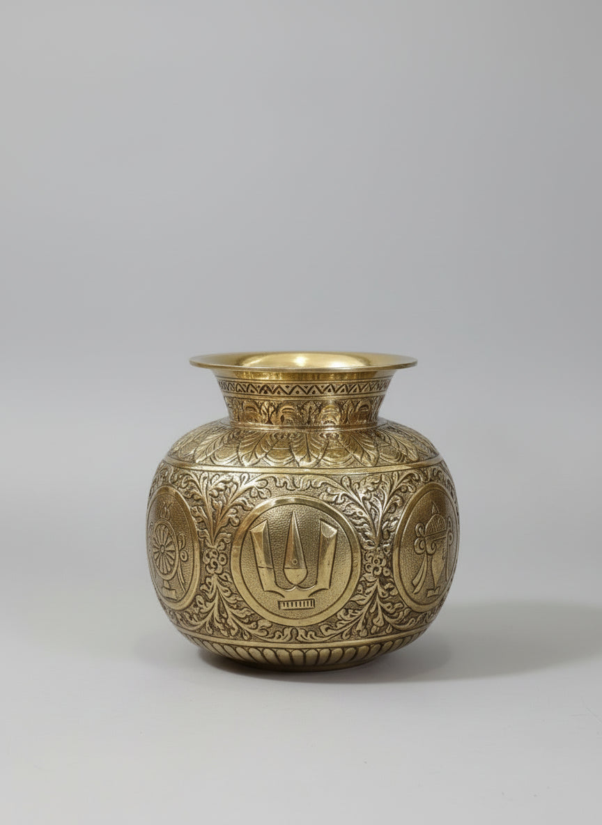 Brass antique finish big size shanku chakra  Kalash  – Fully Carved Sacred Pot for Pooja