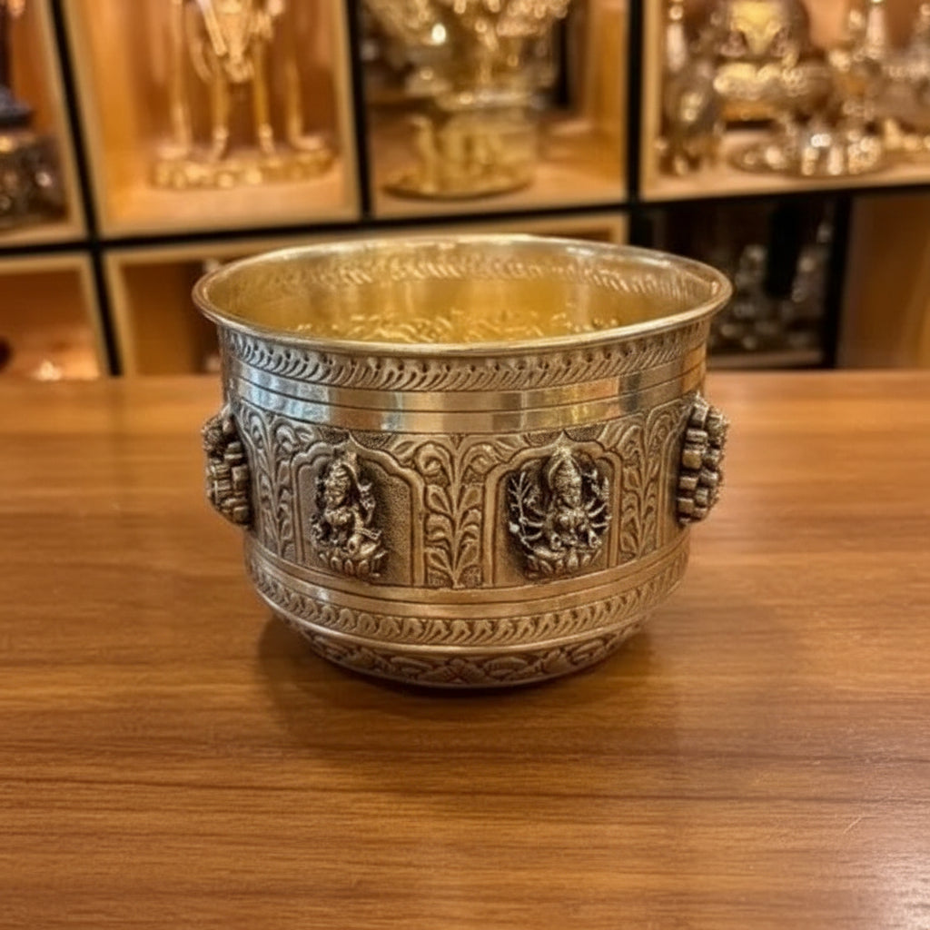 Brass Antique Finish Ashta Lakshmi Parasadam Bowl – Fully Carved Sacred Bowl for Pooja & Home Décor