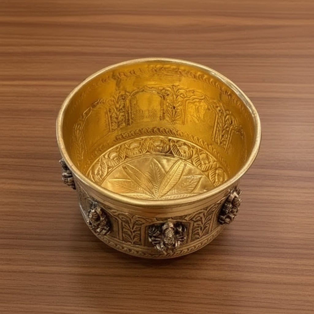 Brass Antique Finish Ashta Lakshmi Parasadam Bowl – Fully Carved Sacred Bowl for Pooja & Home Décor