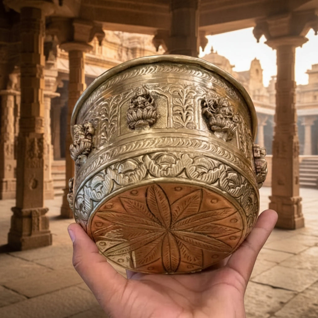 Brass Antique Finish Ashta Lakshmi Parasadam Bowl – Fully Carved Sacred Bowl for Pooja & Home Décor