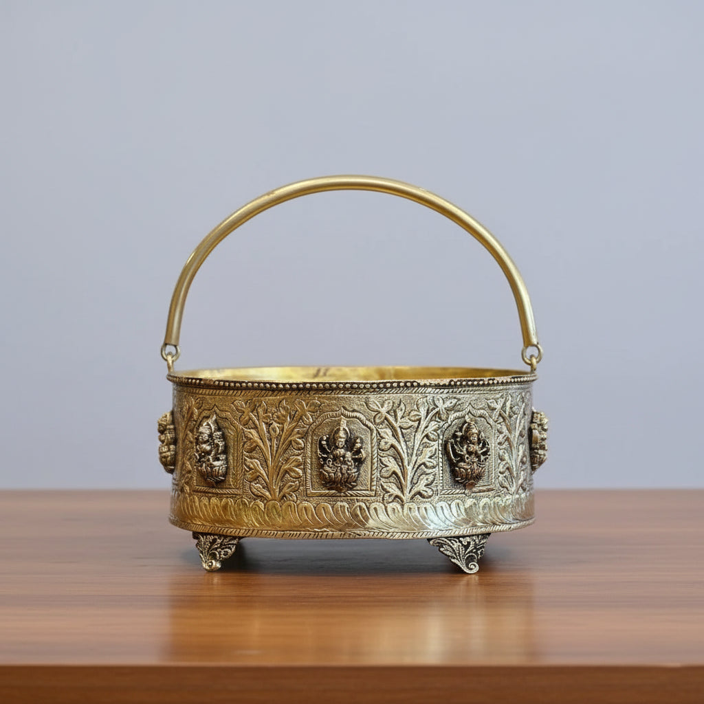 Brass Antique Finish Ashta Lakshmi Flower Basket – Fully Carved Sacred Basket for Pooja & Home Décor