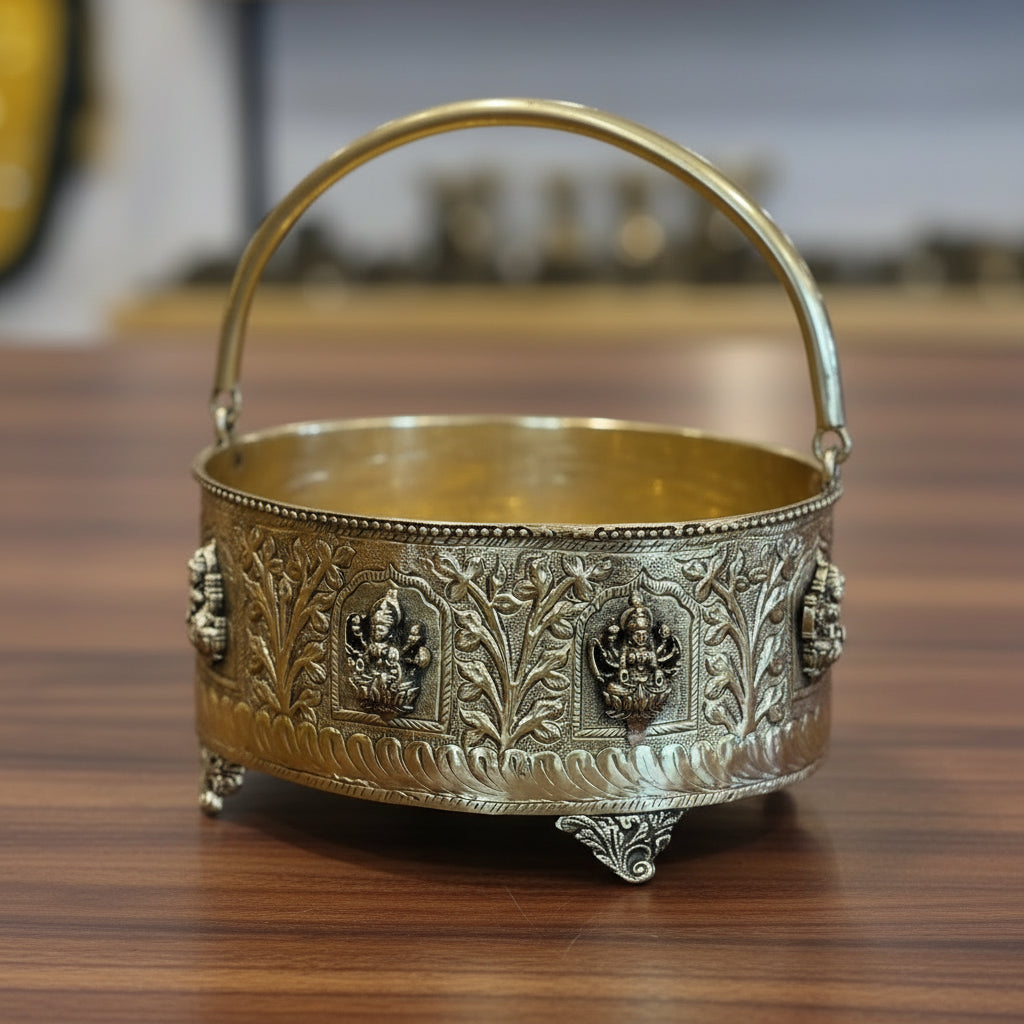 Brass Antique Finish Ashta Lakshmi Flower Basket – Fully Carved Sacred Basket for Pooja & Home Décor