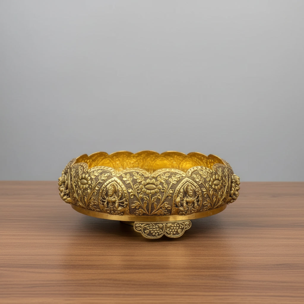 Brass Ashta Lakshmi Urli – Antique Finish Bowl for Pooja & Home Décor, 9.5"