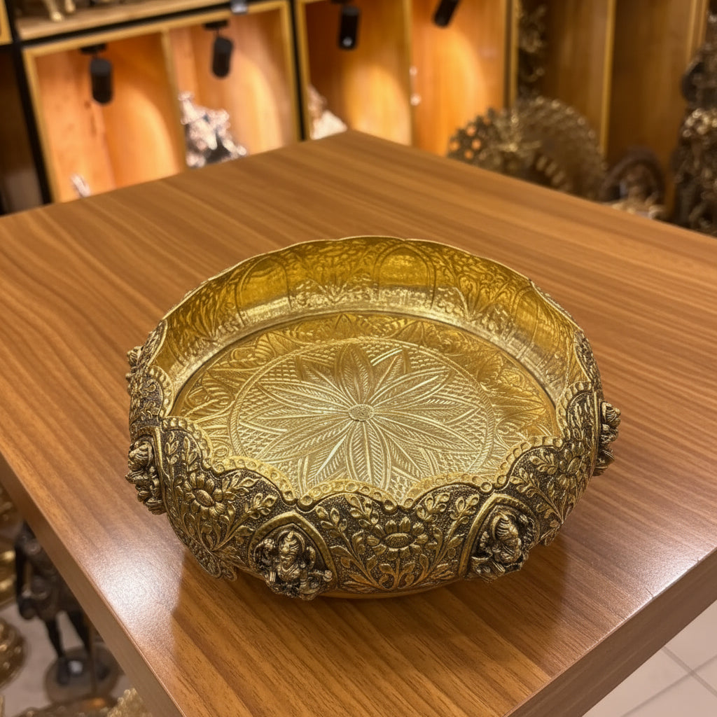 Brass Ashta Lakshmi Urli – Antique Finish Bowl for Pooja & Home Décor, 9.5"