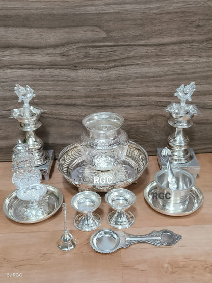 german silver pooja thali set of set of 14 pieces for diwali/ housewarming pooja