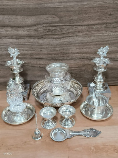 german silver pooja thali set of set of 14 pieces for diwali/ housewarming pooja