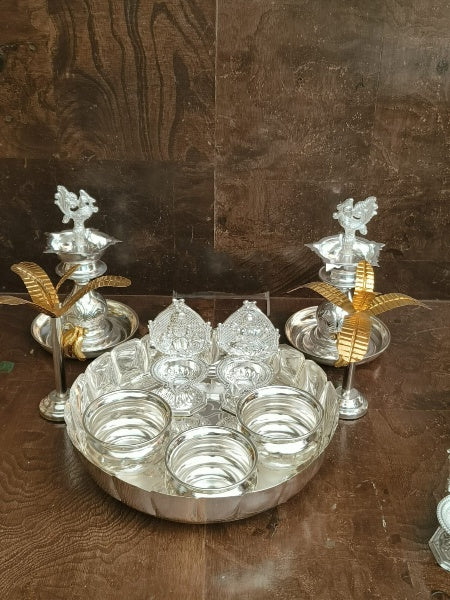 German silver flower plate and gandham bowls combo with Diya for diwali/ housewarming pooja