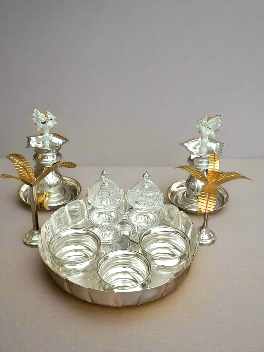 German Silver Flower Plate and gandham Bowls Combo with Diya