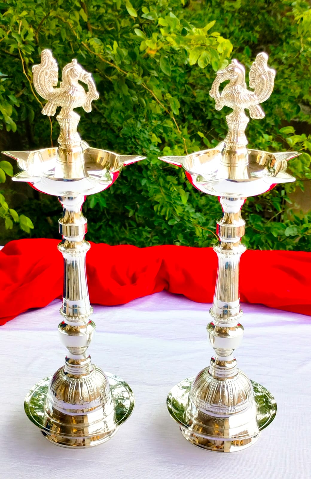 German silver 19" nakkashi Diya pair for Diwali/housewarming/gift item