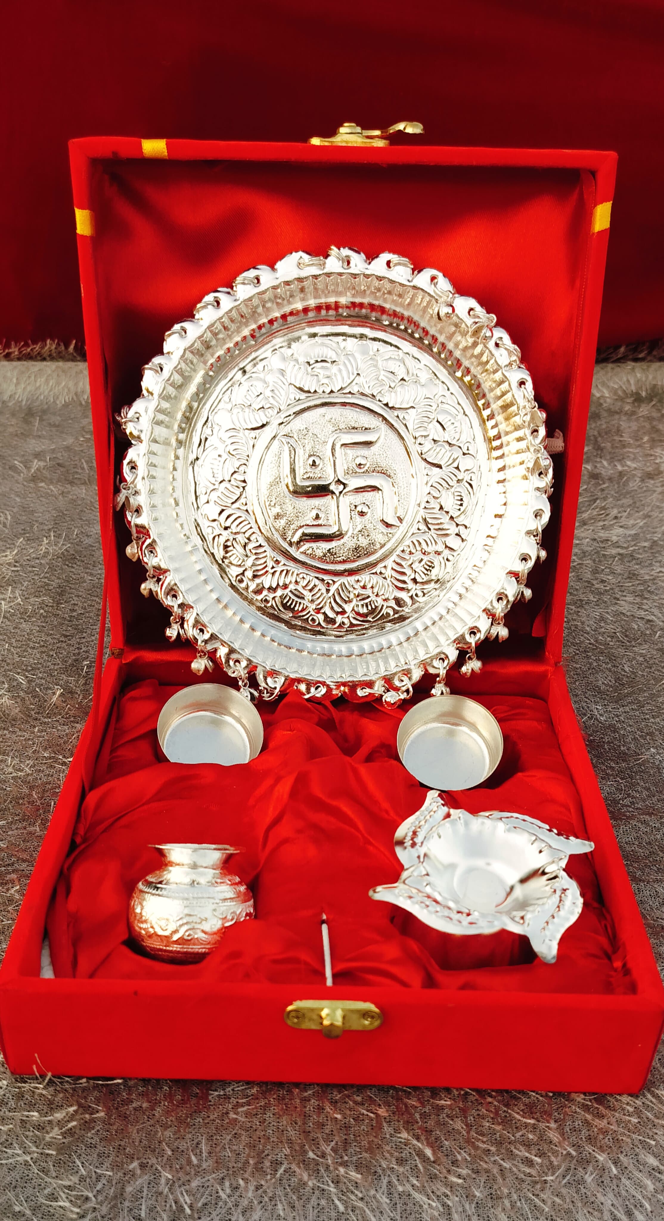 German silver extra depth nakkashi Ghungaru thali Pooja set