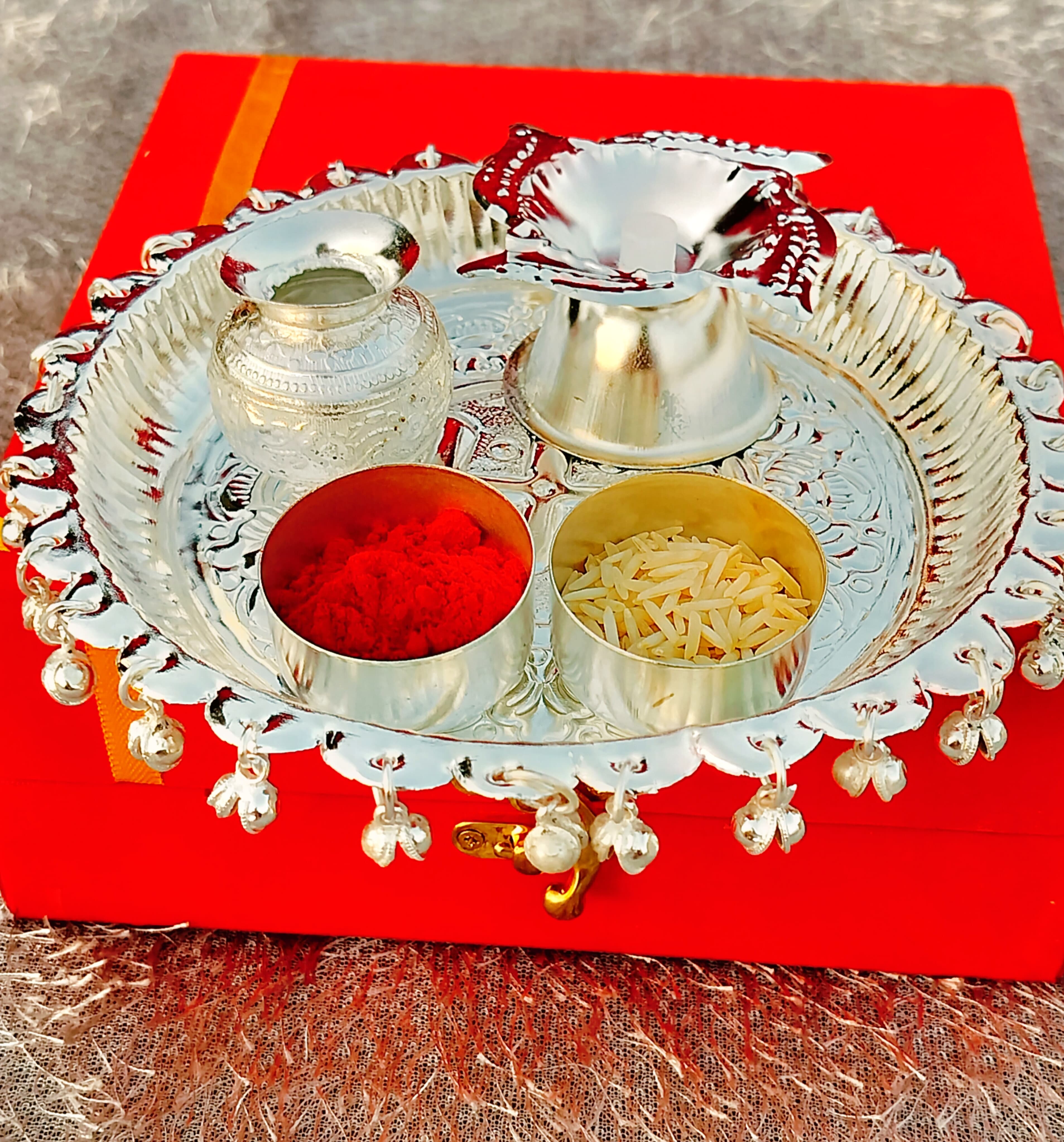 German silver extra depth nakkashi Ghungaru thali Pooja set