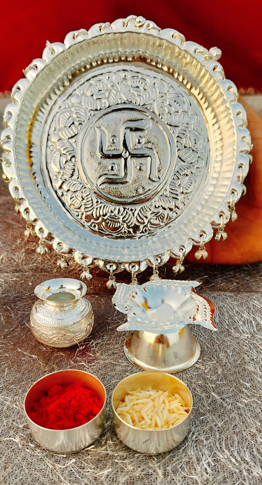 German silver extra depth nakkashi Ghungaru thali Pooja set for karawachauth/ diwali/ housewarming pooja