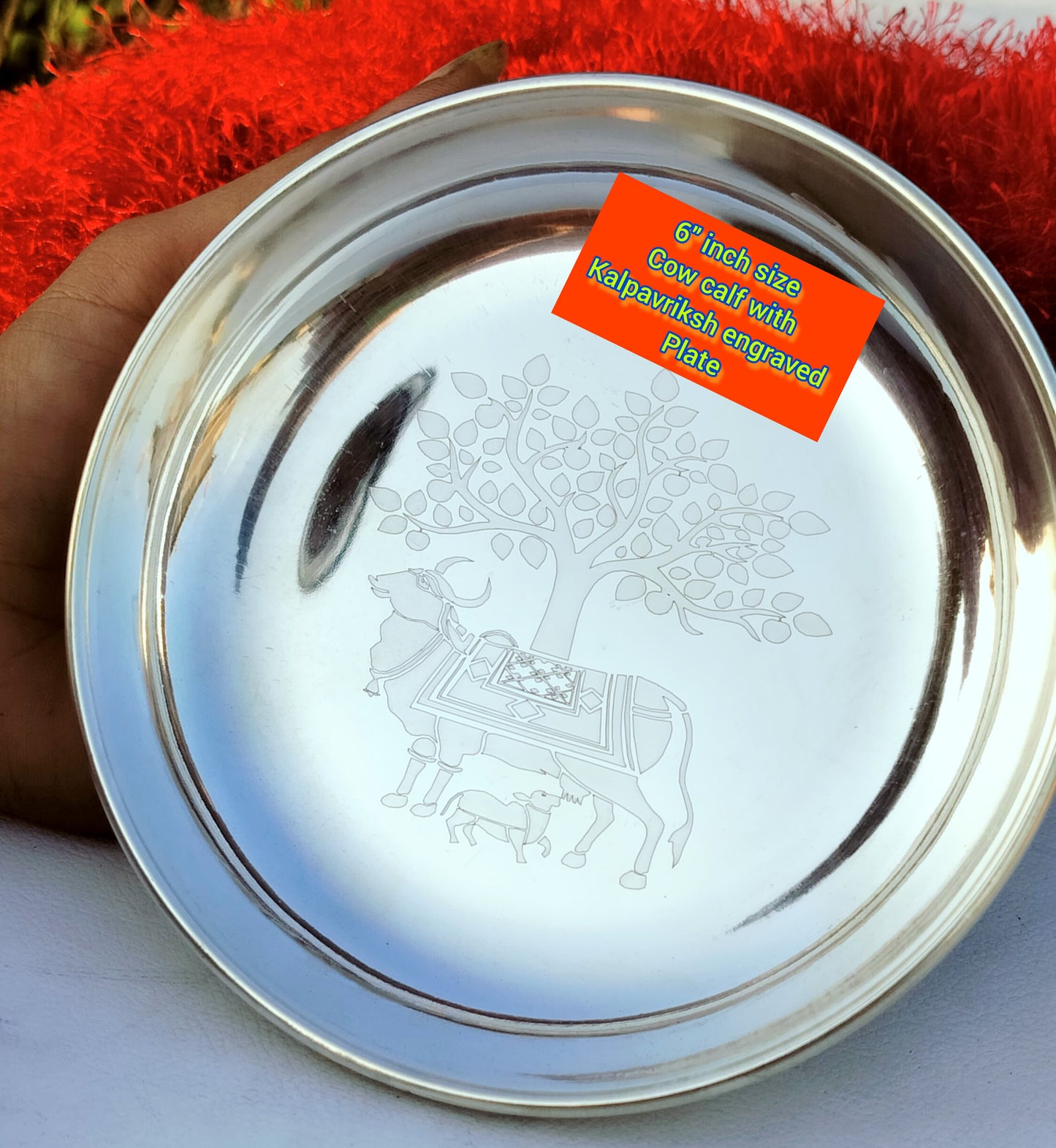 German silver big size  6" inch hand engraved cow calf with kalpavriksh design engraved plate, set of 10 pieces