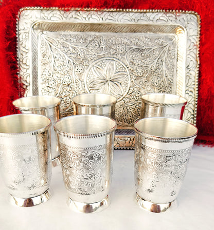 Antique finish German silver Nakkashi work 6 piece Glass with antique finish tray set for diwali/gift item