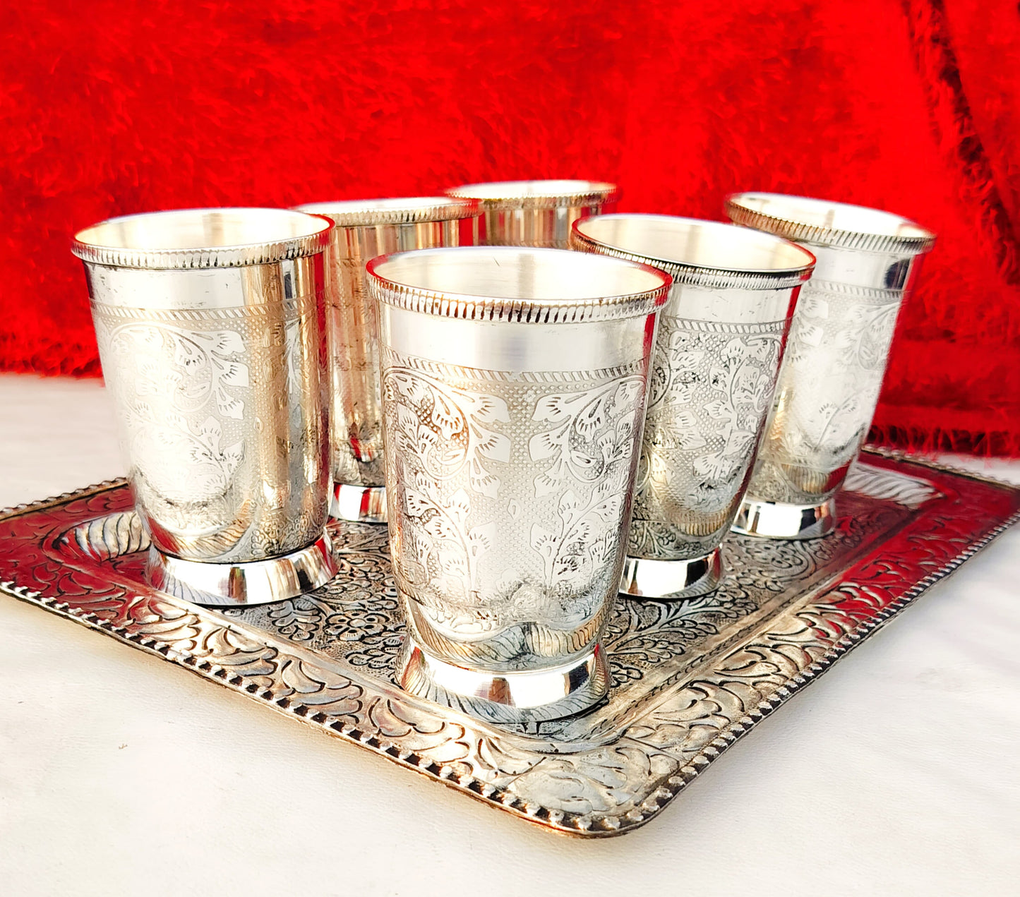 Antique finish German silver Nakkashi work 6 piece Glass with antique finish tray set for diwali/gift item