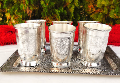 Antique finish German silver Nakkashi work 6 piece Glass with antique finish tray set for diwali/gift item