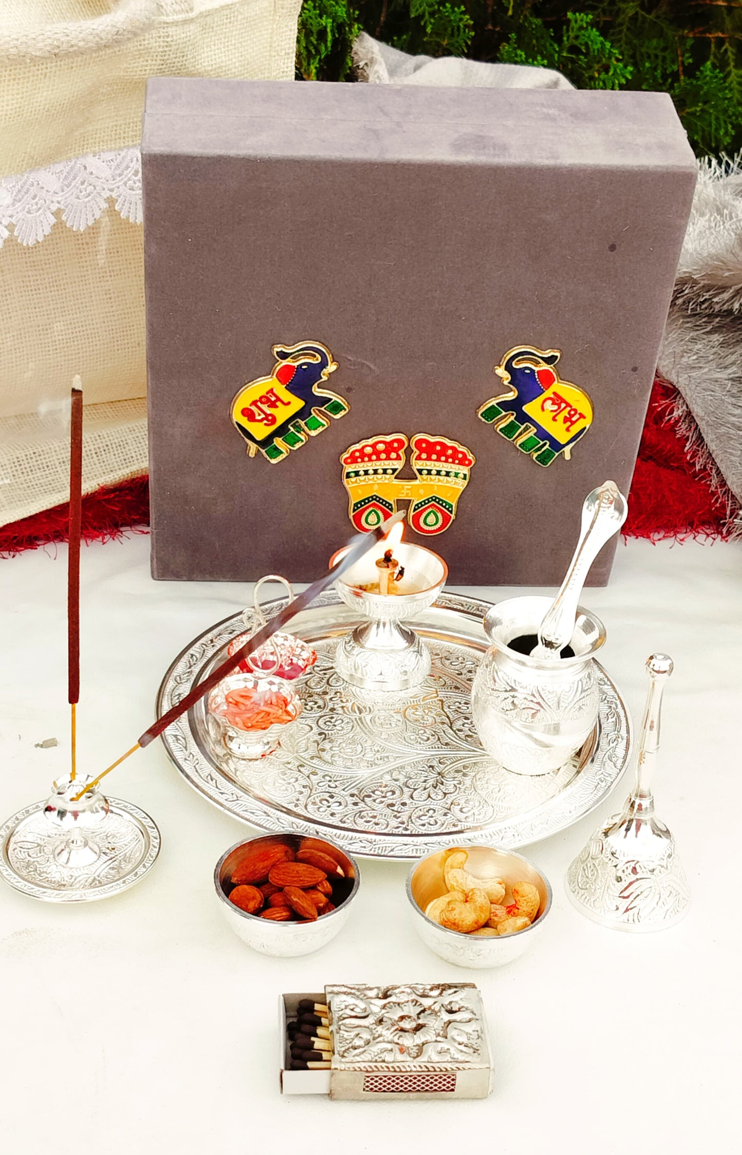 German silver Nakkashi Pooja set with Gift box for Diwali/housewarming/ gift item