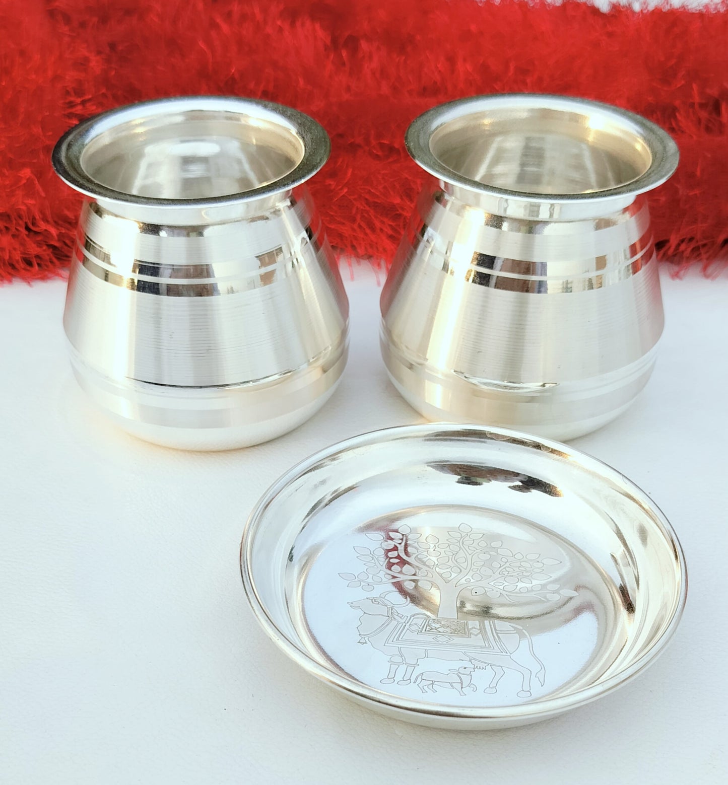 German silver Flat surface Marwari kalasha / lutiya with plate set, 5 pair set for diwali gift/ housewarming pooja