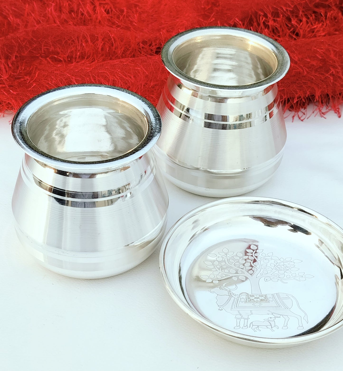 German silver Flat surface Marwari kalasha / lutiya with plate set, 5 pair set for diwali gift/ housewarming pooja