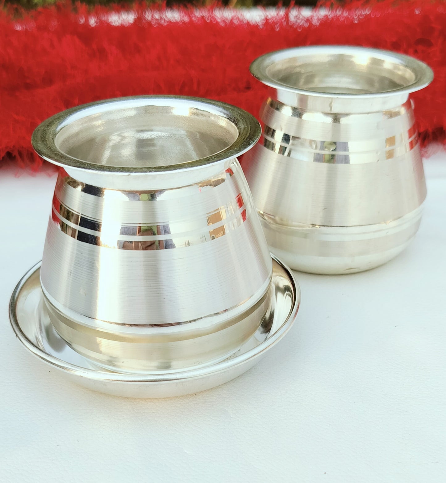 German silver Flat surface Marwari kalasha / lutiya with plate set, 5 pair set for diwali gift/ housewarming pooja