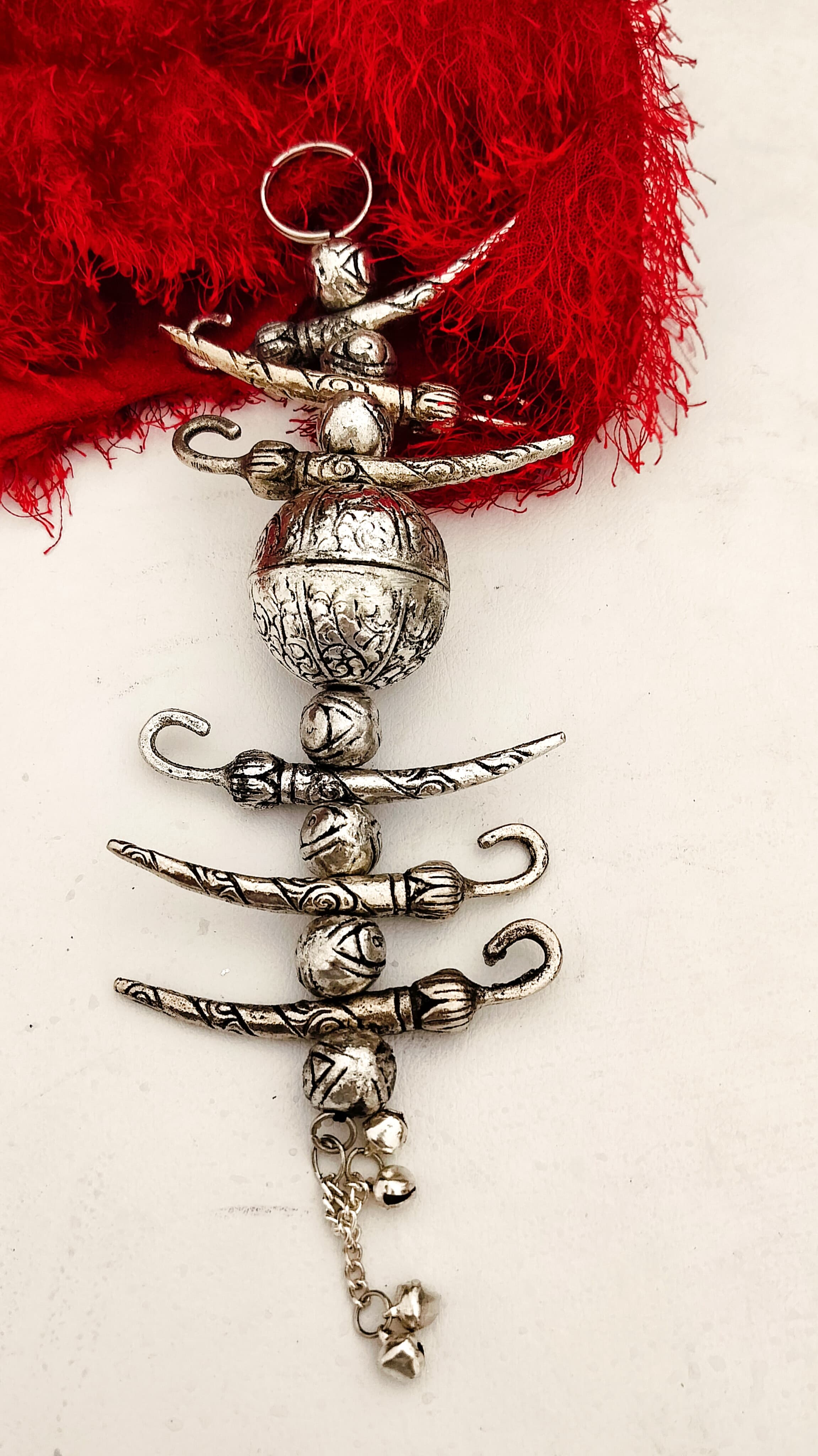 Antique German silver Nimbu-Mirchi/Good Luck Charm hanging, 2 pieces