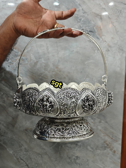 Antique finish Lakshmi German silver flower basket with stand for fruits/ flower/ home décor/gift item