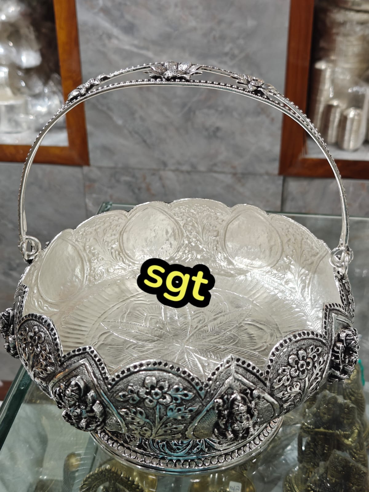 Antique finish Lakshmi German silver flower basket with stand for fruits/ flower/ home décor/gift item