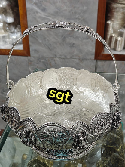 Antique finish Lakshmi German silver flower basket with stand for fruits/ flower/ home décor/gift item