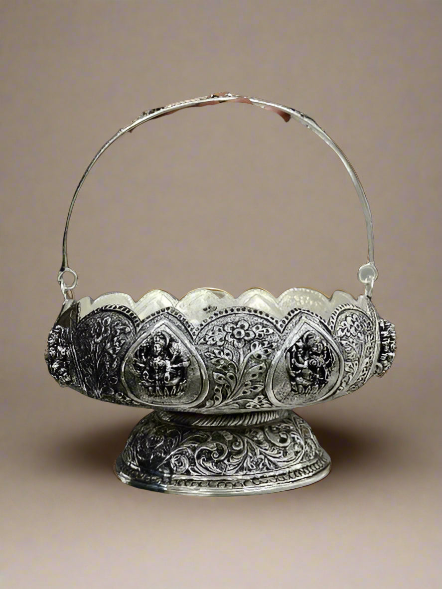 Antique finish lakshmi silver plated flower basket with stand