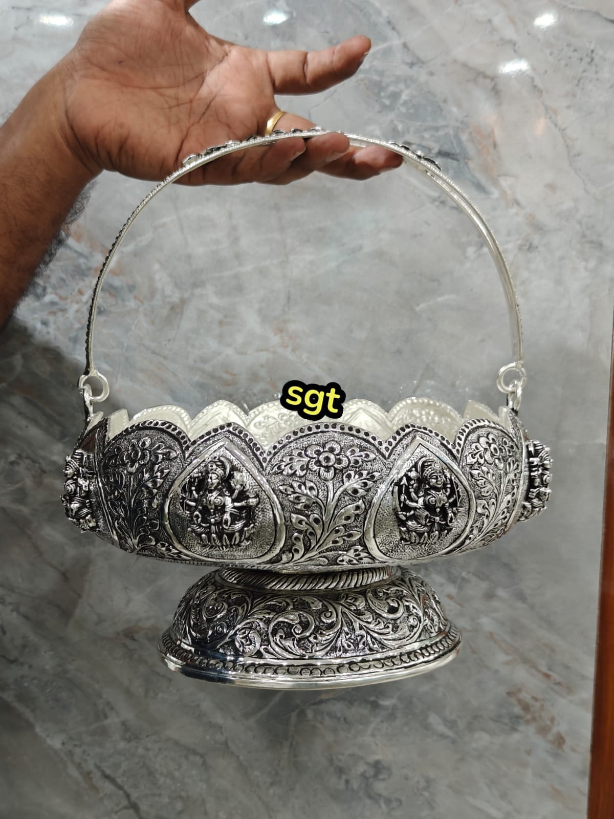 Antique finish Lakshmi German silver flower basket with stand for fruits/ flower/ home décor/gift item