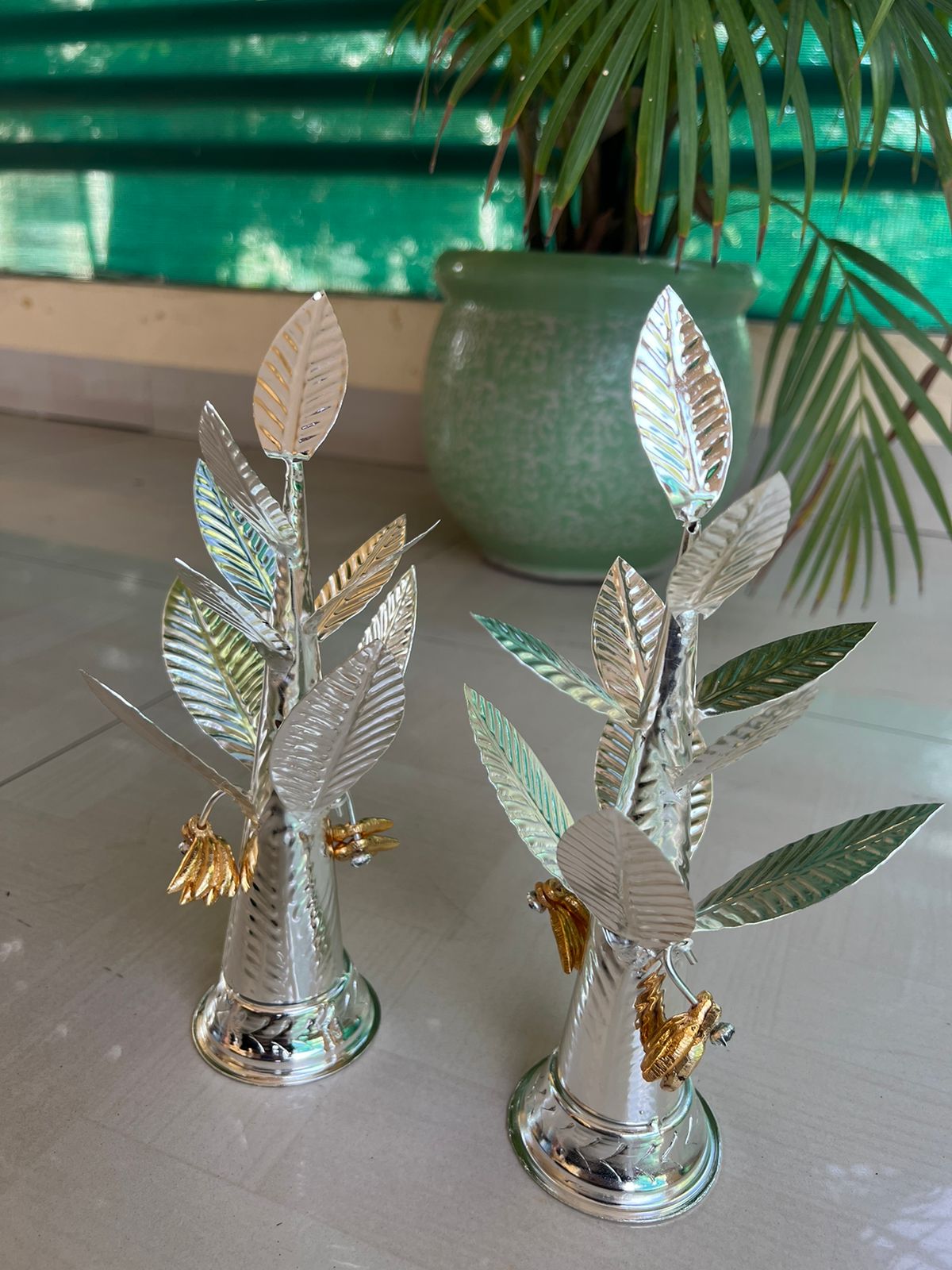 Auspicious german silver Banana tree 2 sizes with golden banana fruit home décor/diwali pooja/ housewarming pooja