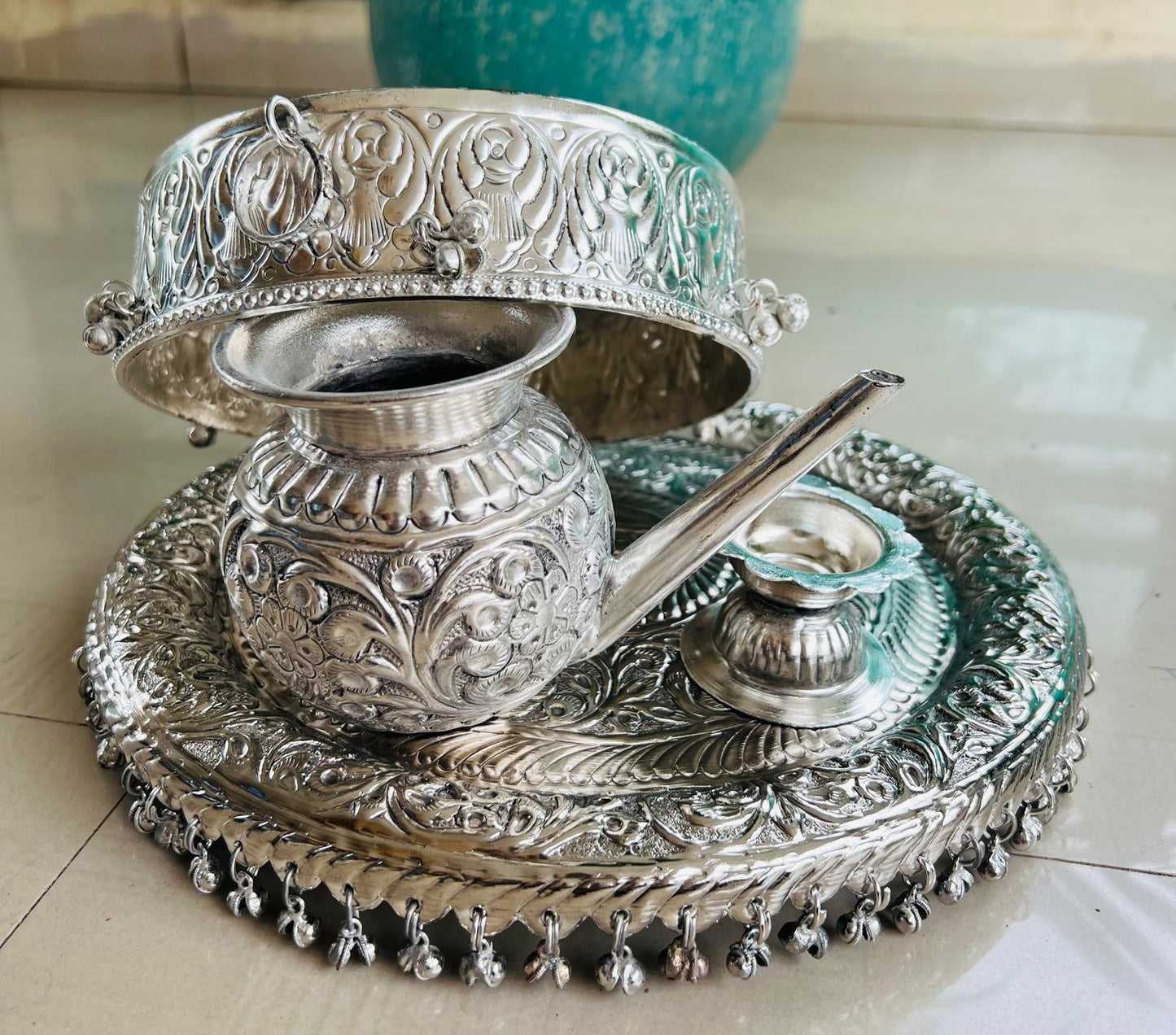 german silver Karwa Chhalni Set with Thali and Deepam for karawachauth/ diwali / rakhi