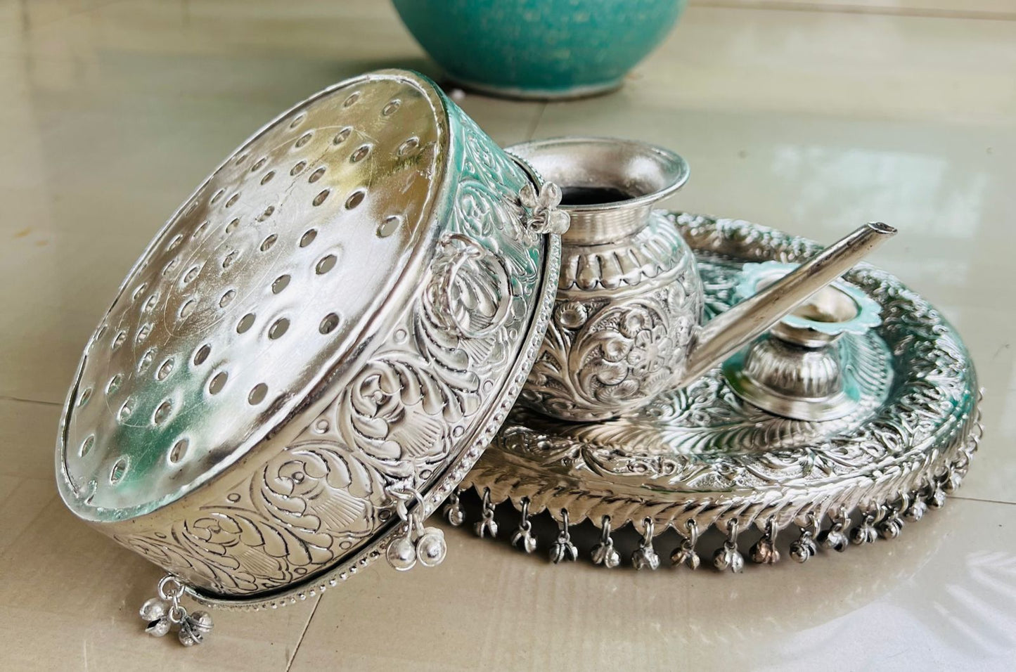 german silver Karwa Chhalni Set with Thali and Deepam for karawachauth/ diwali / rakhi