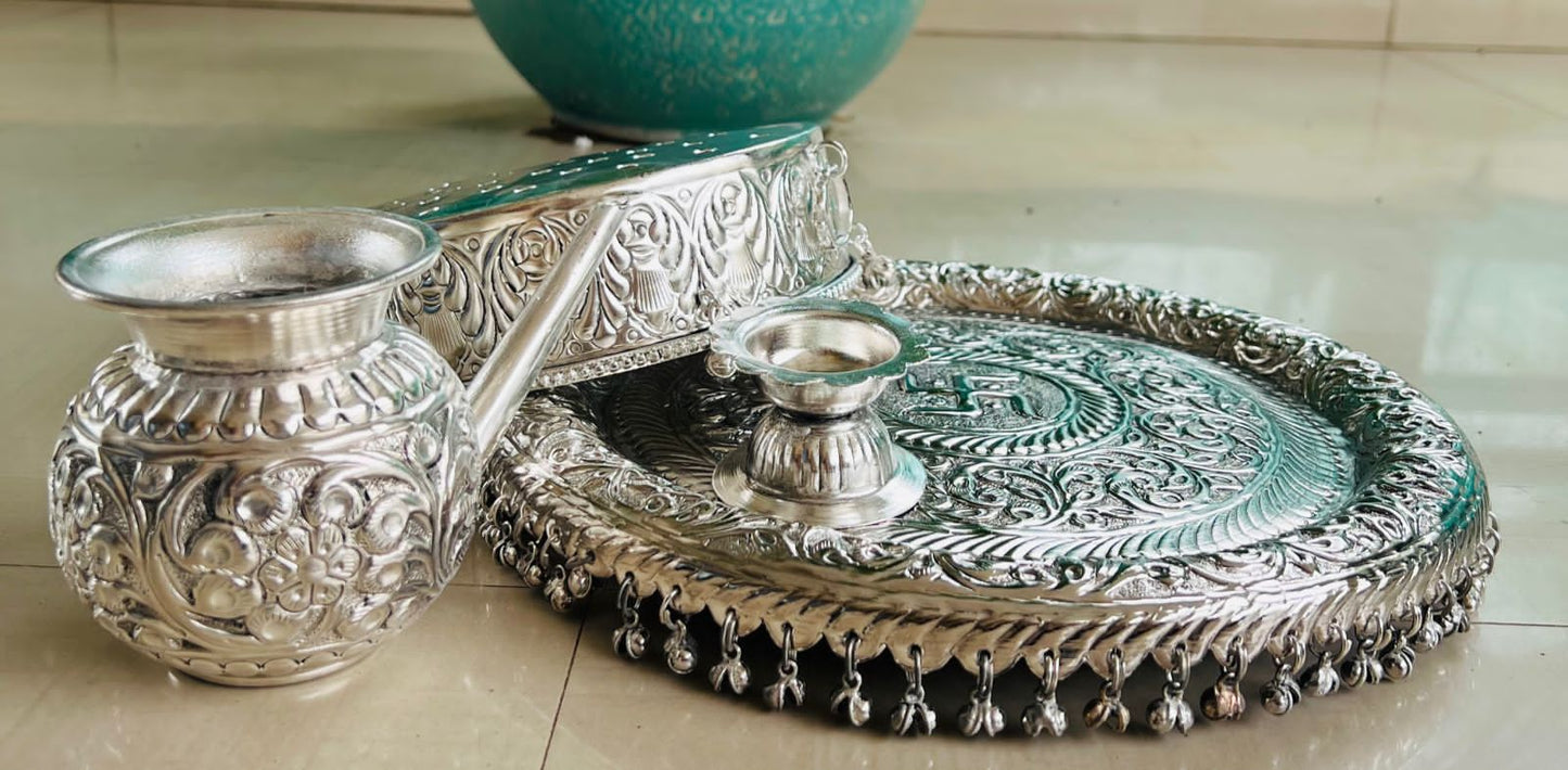 german silver Karwa Chhalni Set with Thali and Deepam for karawachauth/ diwali / rakhi