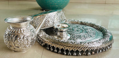 german silver Karwa Chhalni Set with Thali and Deepam for karawachauth/ diwali / rakhi