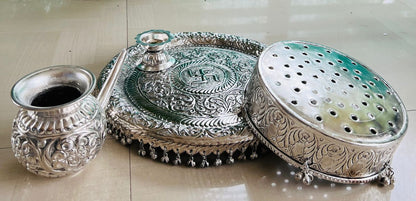 german silver Karwa Chhalni Set with Thali and Deepam for karawachauth/ diwali / rakhi