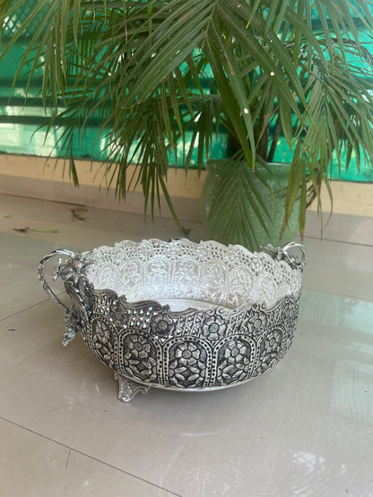 german silver fully carved round designer urli/basket with flower handles for home décor/gift item