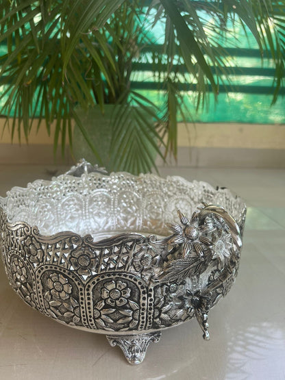 german silver fully carved round designer urli/basket with flower handles for home décor/gift item