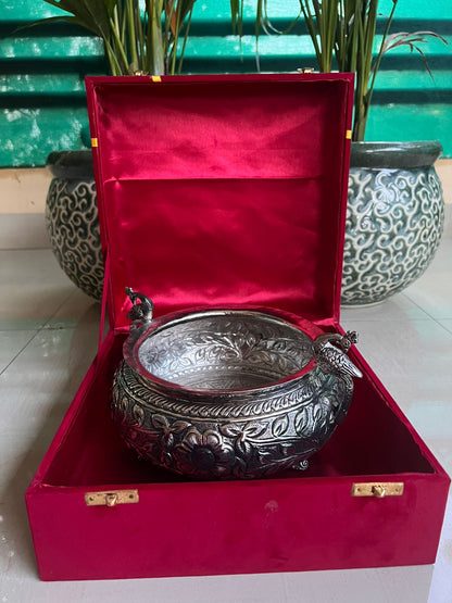 german silver Antique finish beautiful Peacock urli bowl for snacks/fruits/ home décor/ gift item