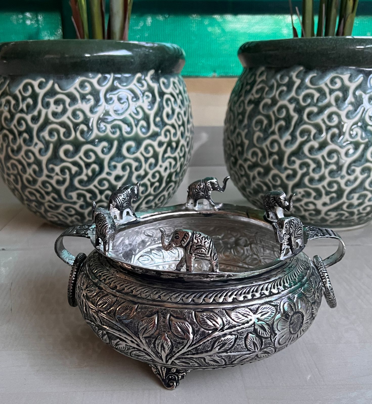 German silver Antique finish beautiful elephant urli bowl