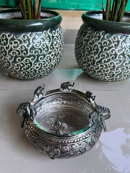 german silver Antique finish beautiful elephant urli bowl for snacks/ diwali décor/ gift item/ home decor