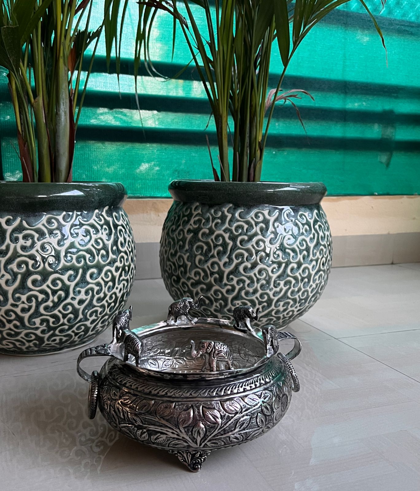 German silver Antique finish beautiful elephant urli bowl