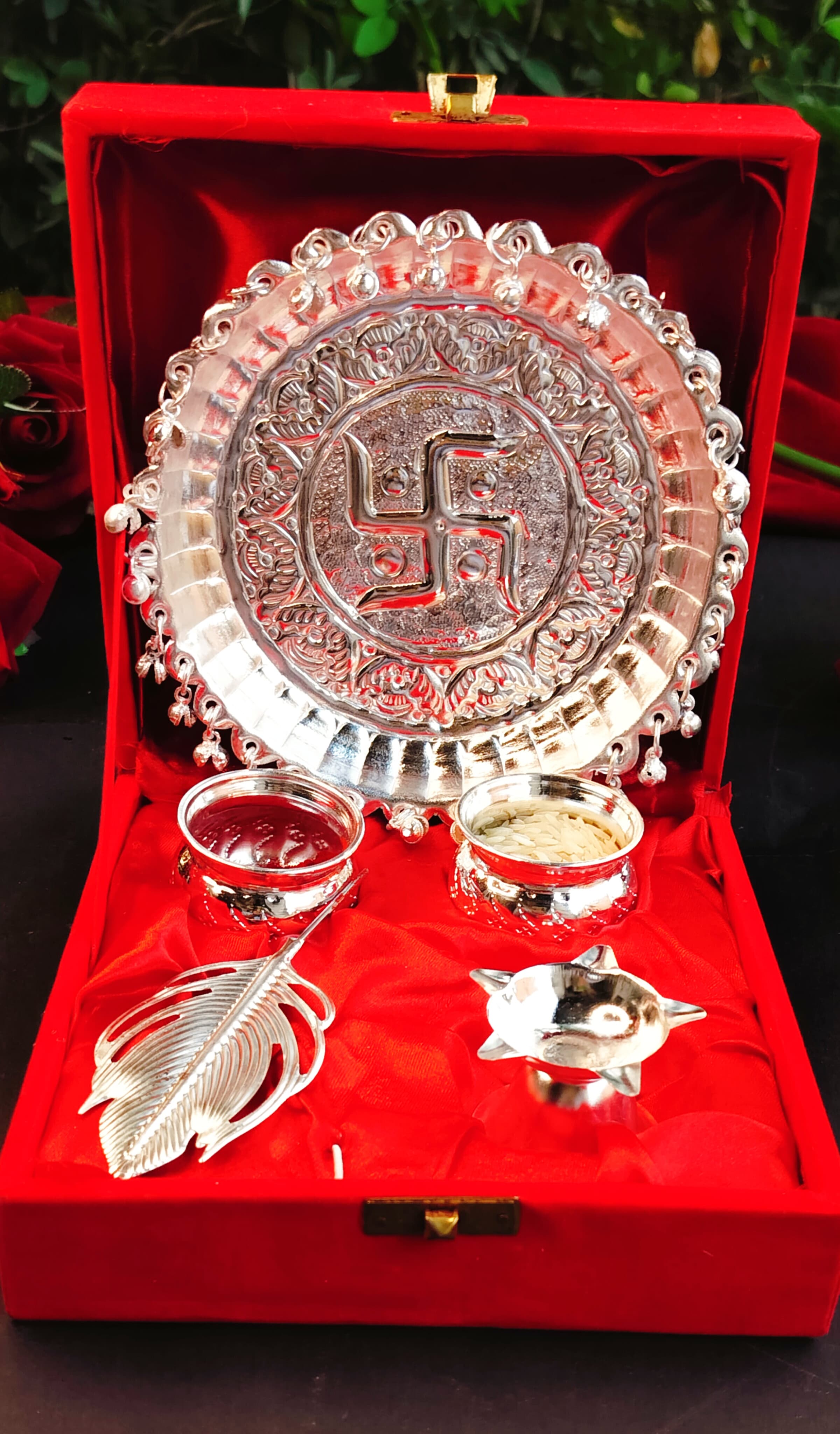German Silver ghungru Pooja Set with Tilak Stick & Velvet Box Pack