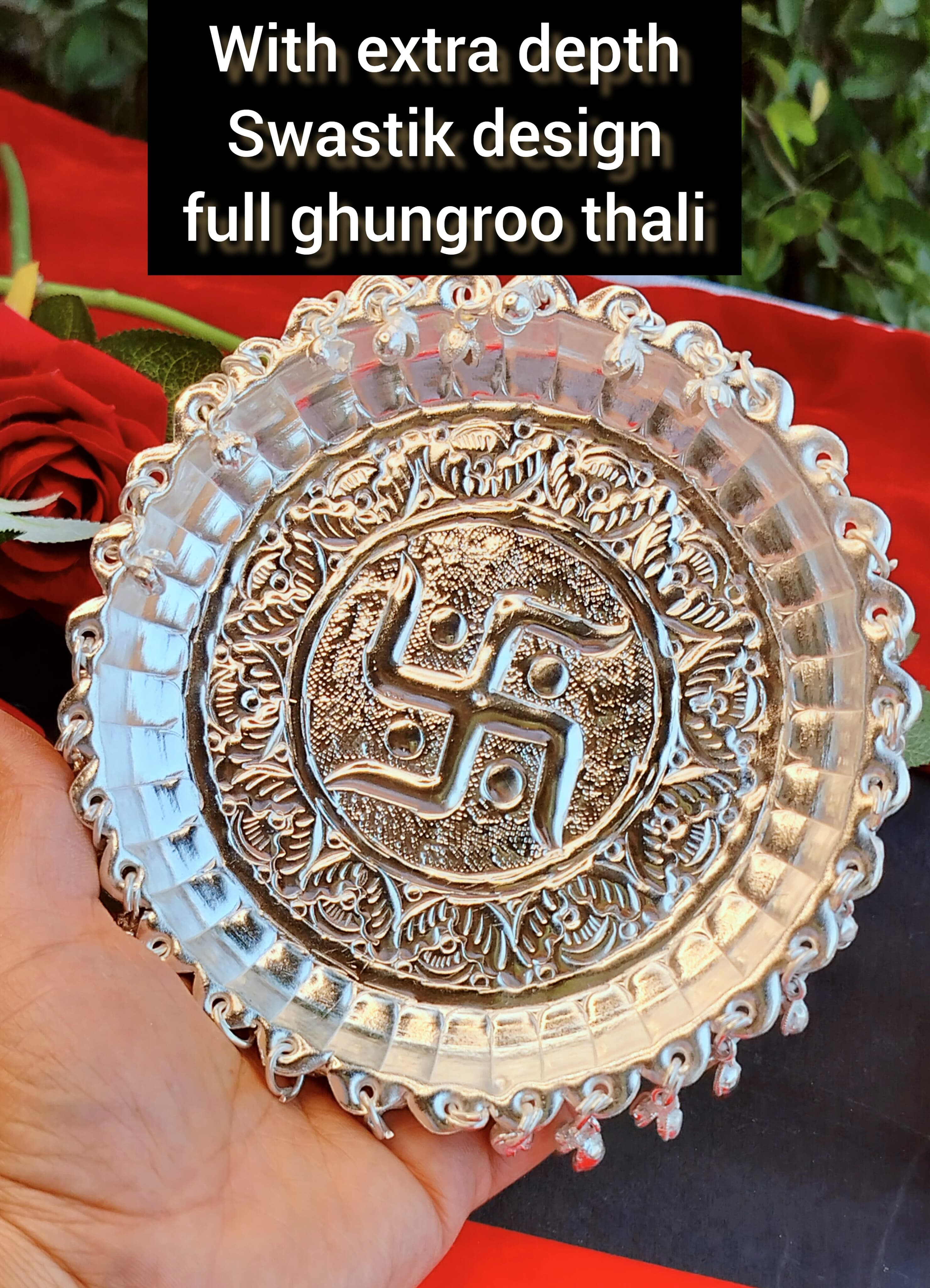 German Silver ghungru Pooja Set with Tilak Stick & Velvet Box Pack